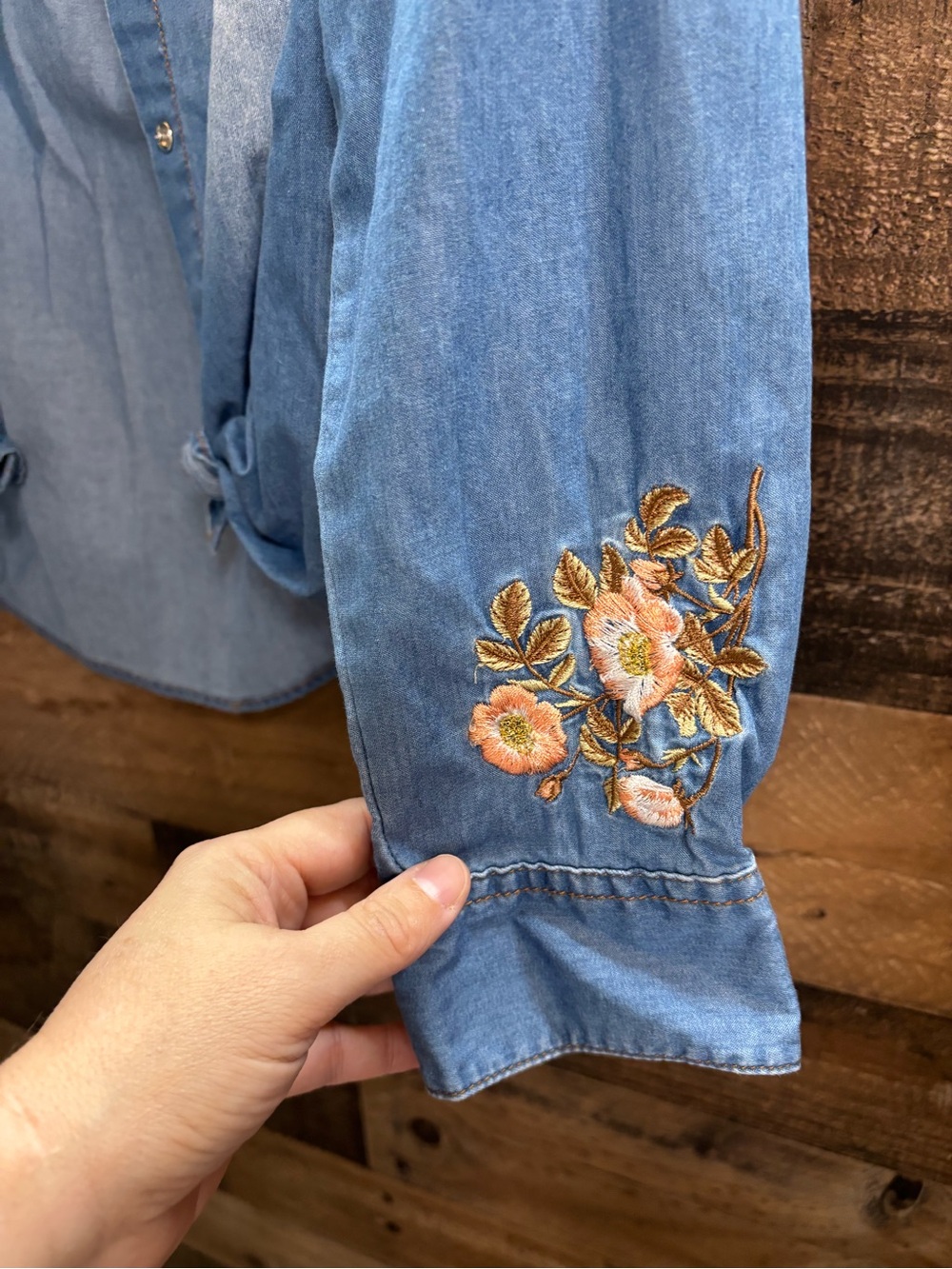 Grace Light Blue Denim Shirt with Orange Floral Embroidery EUC Size Small - Picture 6 of 13